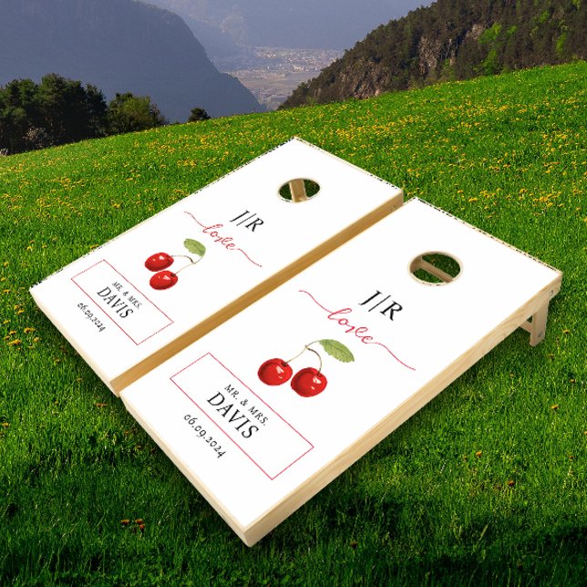 Stylish Cherry Red White Love Initials Monogrammed Cornhole Set (Creator Uploaded)