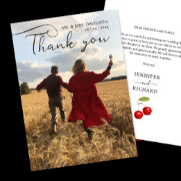 Stylish Cherry Wedding Photo And Black Calligraphy Thank You Card