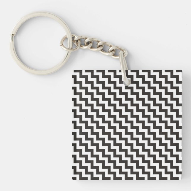 Stylish Chevrons Keychain, Black and White Zigzags Keychain (Front)