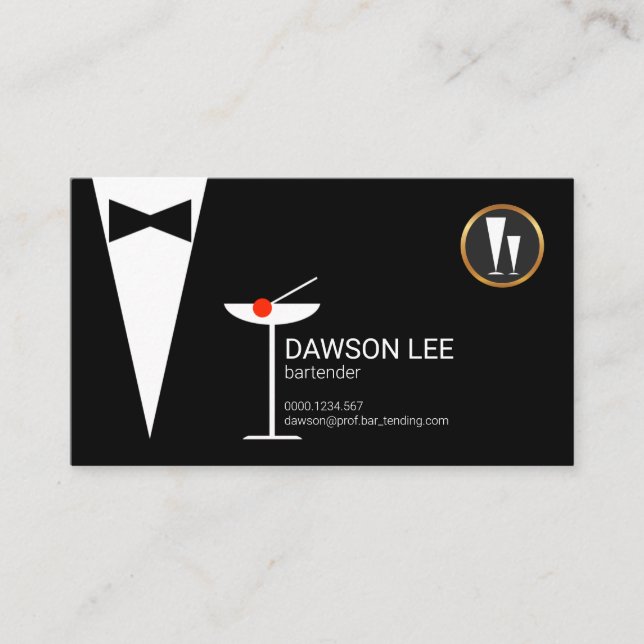 Stylish Chic Bartender Tuxedo Martini Glass Business Card (Front)