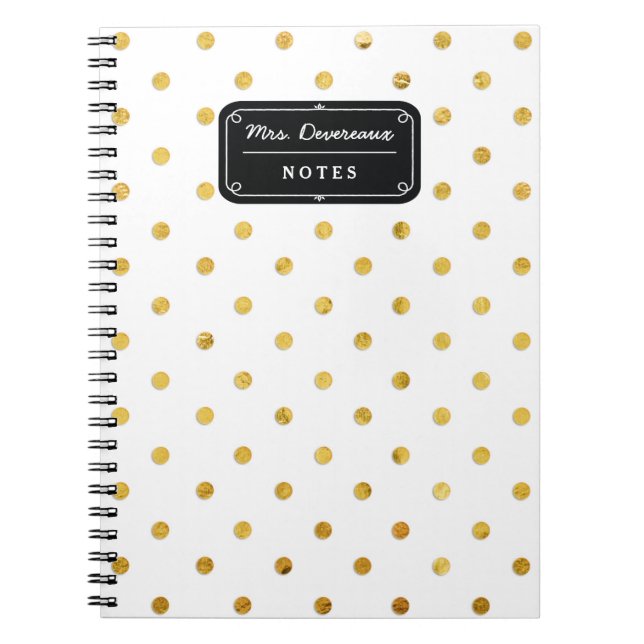 Stylish Chic Black & Gold Polka Dots Personalized Notebook (Front)