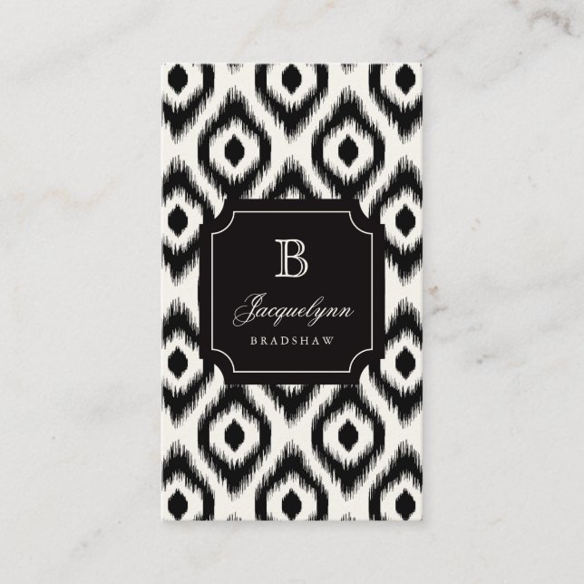 Stylish Chic Black Ivory Diamond Ikat Monogram Business Card (Front)