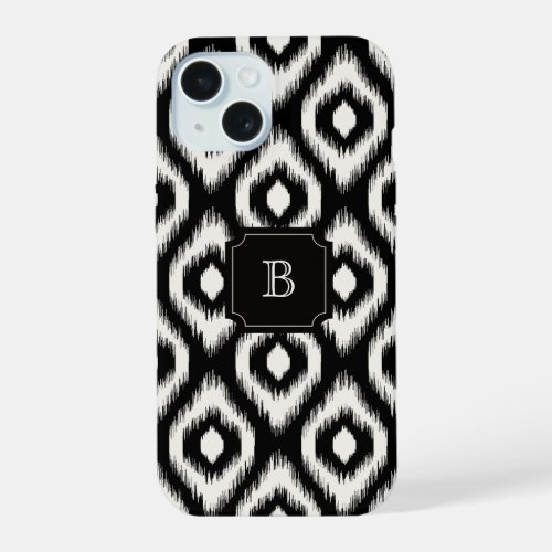 Stylish Chic Black Ivory Diamond Ikat Monogram iPhone 15 Case