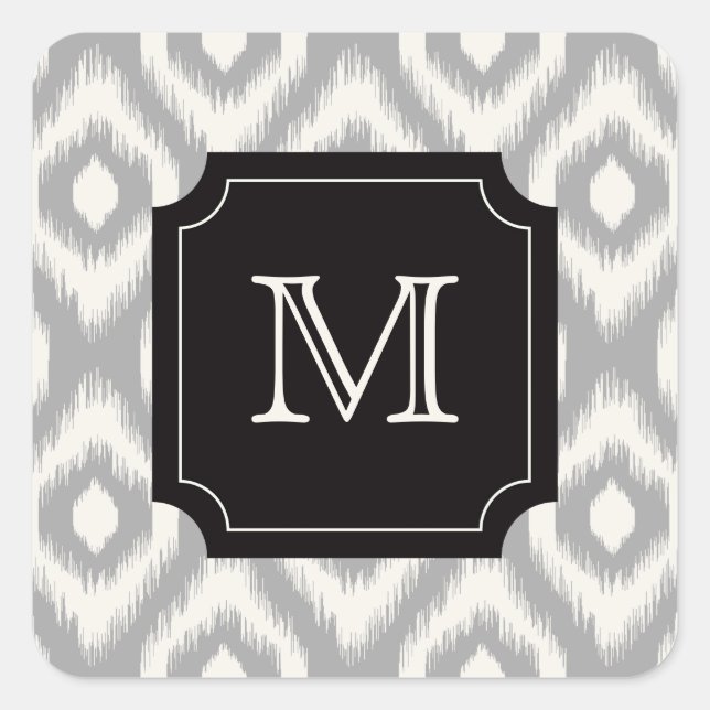Stylish Chic Black Ivory Diamond Ikat Monogram Square Sticker (Front)