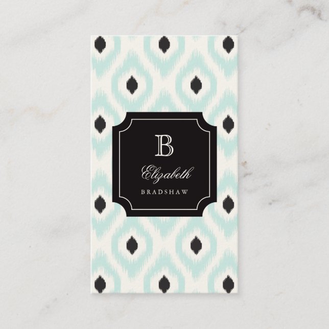 Stylish Chic Black Mint Diamond Ikat Monogram Business Card (Front)