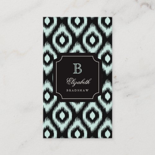 Stylish Chic Black Mint Diamond Ikat Monogram Business Card