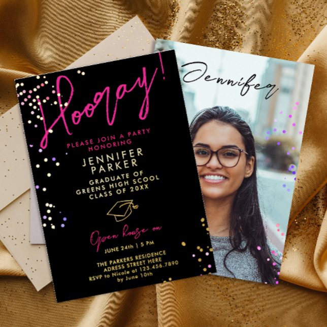 Stylish Chic Black Pink Glitter School Grad Photo Foil Invitation (Creator Uploaded)