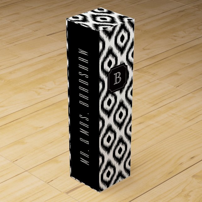 Stylish Chic Black & White Ikat Diamond Monogram Wine Gift Box (Front)