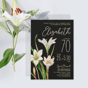 Stylish Chic Black White Lily 70th Birthday Floral Invitation