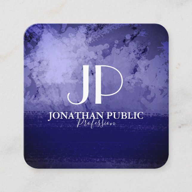 Stylish chic blue abstract monogram square business card (Front)