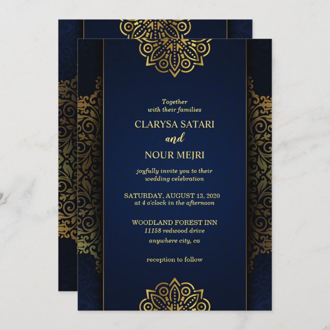 Stylish chic blue gold flowers pattern wedding invitation (Front/Back)