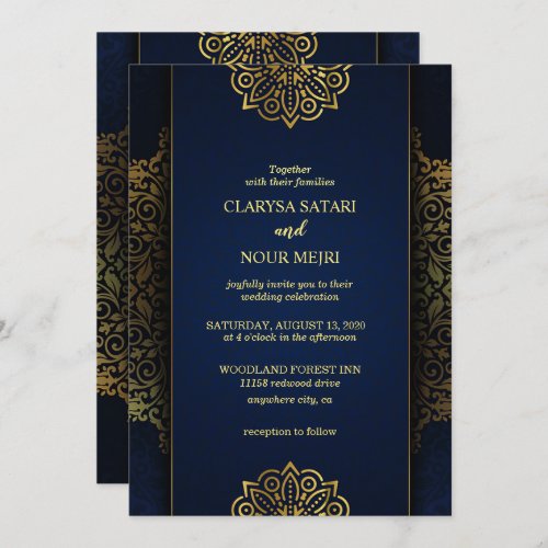 Stylish chic blue gold flowers pattern wedding invitation