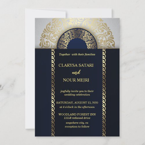 Stylish chic blue gold geometric pattern wedding invitation
