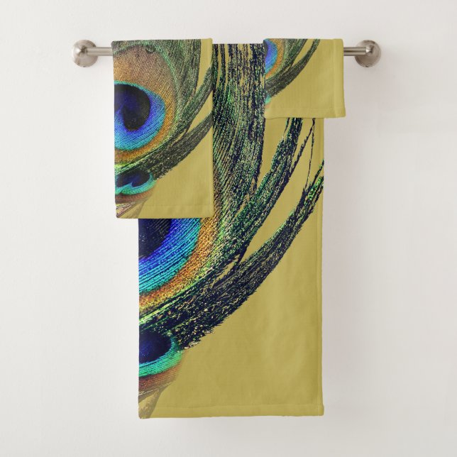 Stylish Chic Blue Green Gold Peacock Feather Bath Towel Set (Insitu)
