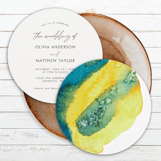 Stylish Chic Blue Yellow Watercolor Art Wedding