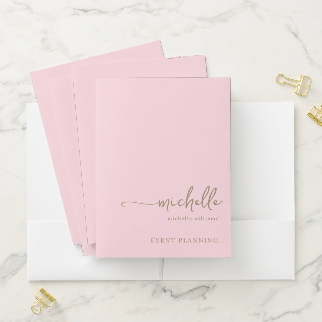 Stylish Chic Blush Pink Gold Monogram Name Script Pocket Folder (In Situ)