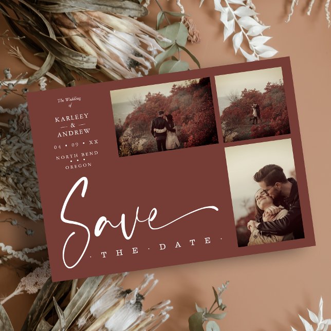 Stylish Chic Brown Collage Wedding 3 Photos (Stylish Chic Brown Collage Wedding 3 Photos Save the Date with Envelope.)