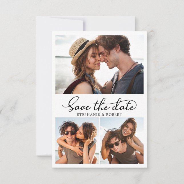 Stylish Chic Calligraphy 3 Photo Collage Wedding Save The Date (Front)