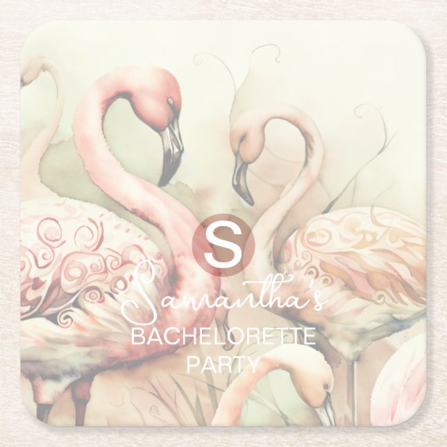Stylish Chic Flamingo Monogram Personalized Square Paper Coaster (Front)