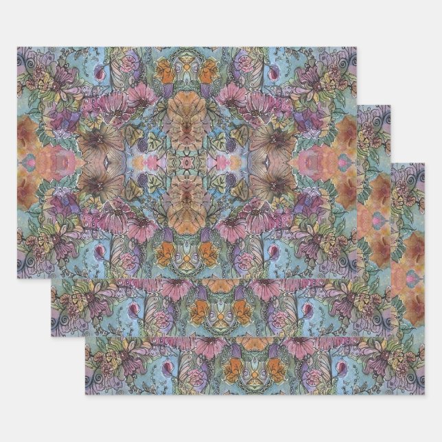 Stylish Chic Flower Garden Watercolor Painting  Wrapping Paper Sheets (Set)