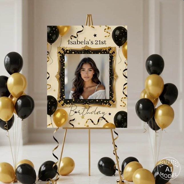 Stylish Chic Glam Black Gold Photo Frame Birthday Foam Board (Creator Uploaded)