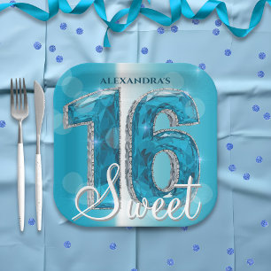 Stylish Chic Glam Blue Sapphire Gemstone Sweet 16 Paper Plates