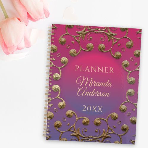 Stylish Chic Gold Glittery Swirls and Dots on Pink Planner