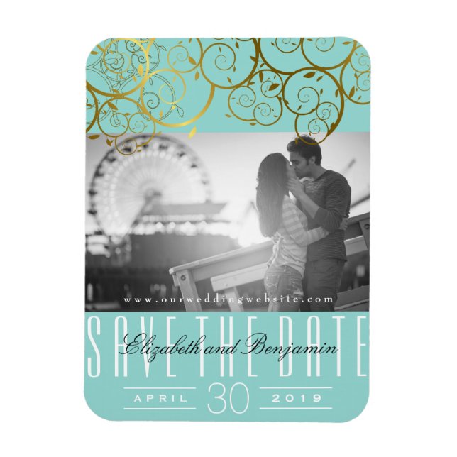 Stylish Chic Golden Spirals Save The Date Photo Magnet (Vertical)