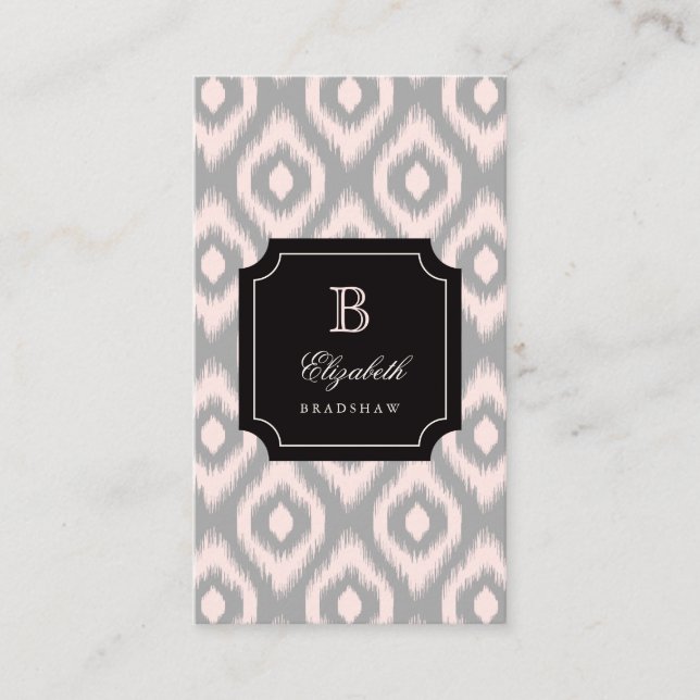 Stylish Chic Gray Blush Pink Diamond Ikat Monogram Business Card (Front)