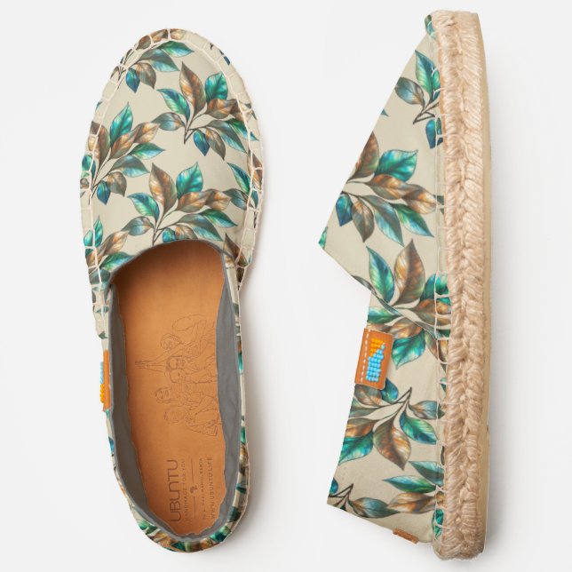 Stylish Chic Green Gold Leaves Foliage Pattern Espadrilles (Side)