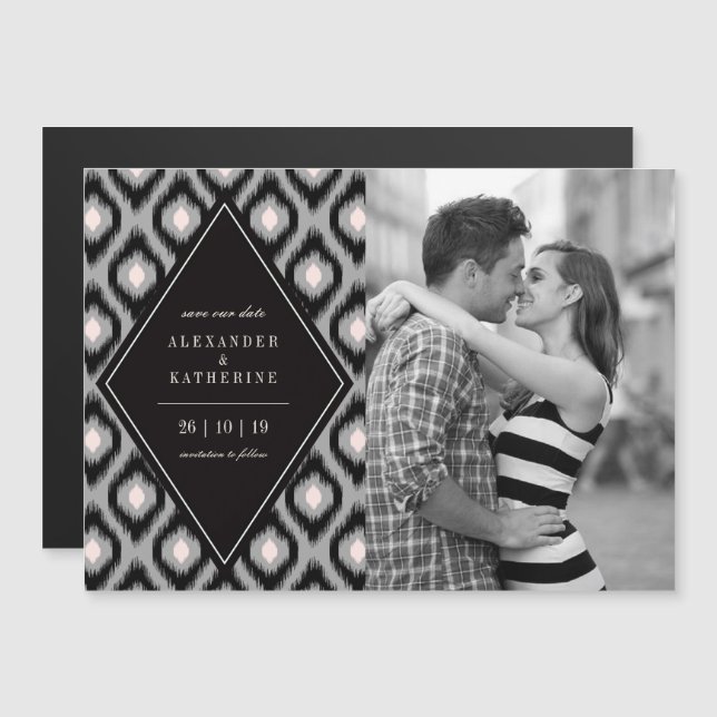 Stylish Chic Mod Diamond Ikat Photo Save The Date Magnetic Invitation (Front/Back)