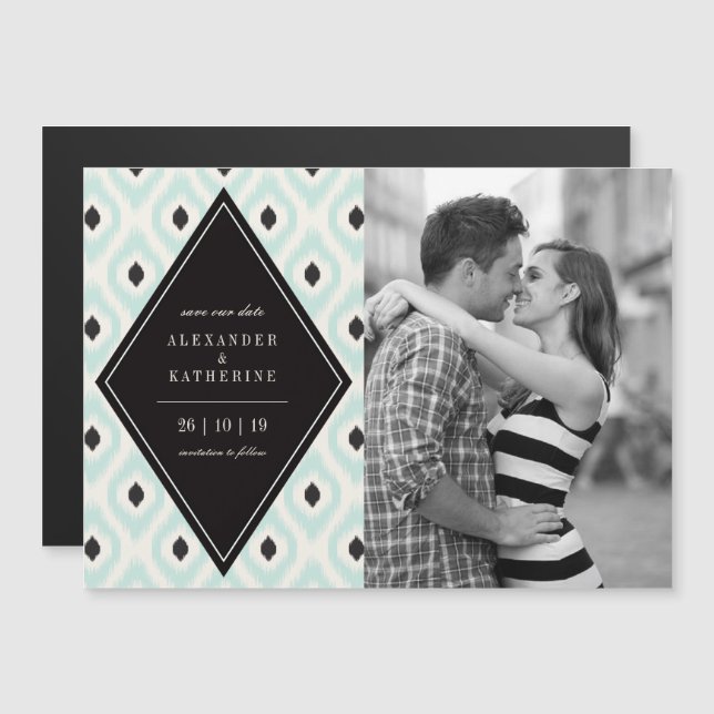 Stylish Chic Mod Diamond Ikat Photo Save The Date Magnetic Invitation (Front/Back)