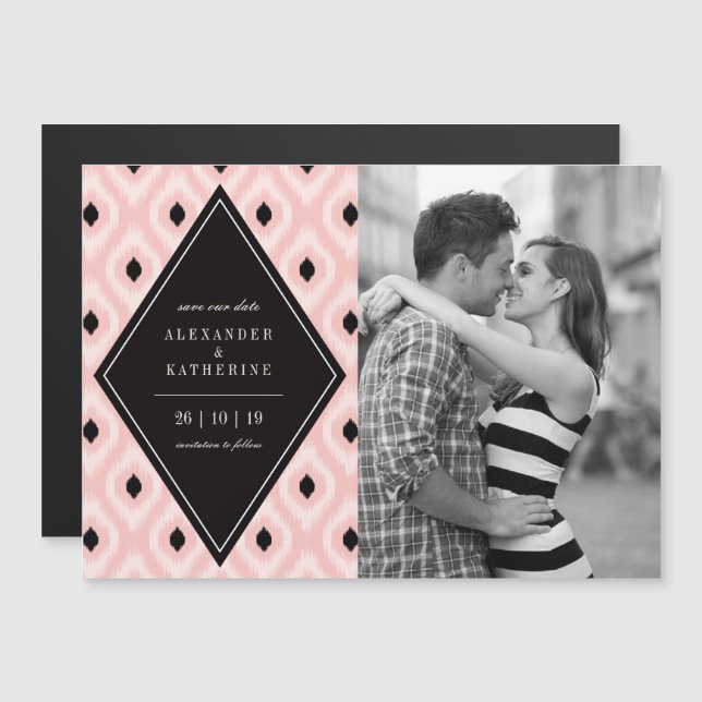 Stylish Chic Mod Diamond Ikat Photo Save The Date Magnetic Invitation (Front/Back)