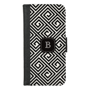 Stylish Chic Modern Black Ivory Greek Key Monogram iPhone 8/7 Wallet Case
