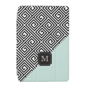 Stylish Chic Modern Black Mint Greek Key Monogram iPad Mini Cover
