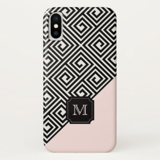 Stylish Chic Modern Black Pink Greek Key Monogram iPhone X Case