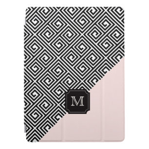 Stylish Chic Modern Black Pink Greek Key Monogram iPad Pro Cover