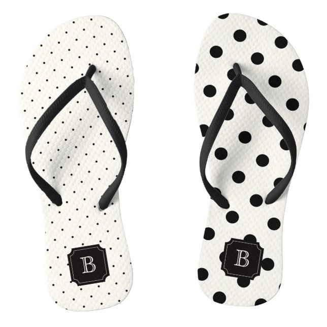Stylish Chic Modern Black Polka Dots Mix Monogram Flip Flops (Footbed)