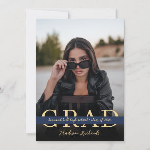 Stylish Chic Navy Blue and Gold Photo Graduation Invitation