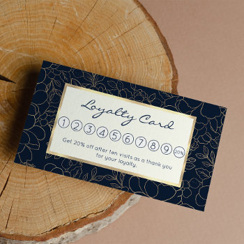 Stylish Chic Navy Blue Gold Floral Loyalty Card by kicksdesign at Zazzle