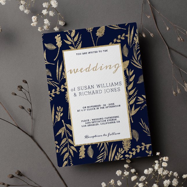 Stylish chic navy blue gold floral luxury Wedding Invitation (Stylish chic navy blue gold floral luxury Wedding )