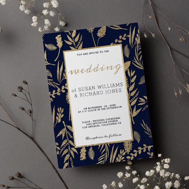 Stylish chic navy blue gold floral luxury Wedding Invitation | Zazzle