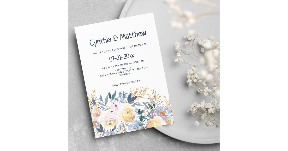 Stylish chic navy blue ivory gold floral wedding i invitation | Zazzle