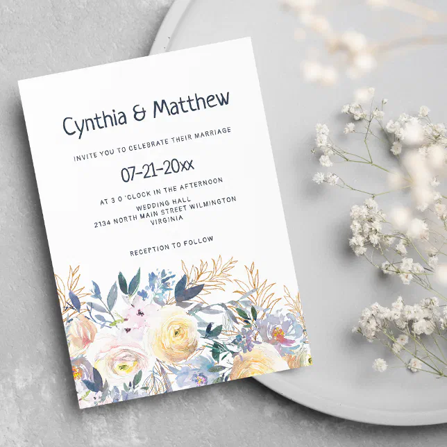 Stylish chic navy blue ivory gold floral wedding i invitation | Zazzle