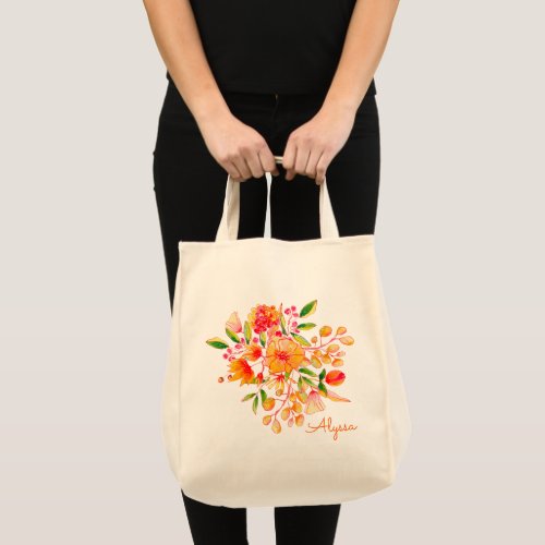 Stylish Chic Orange Watercolor Floral Personalized Tote Bag
