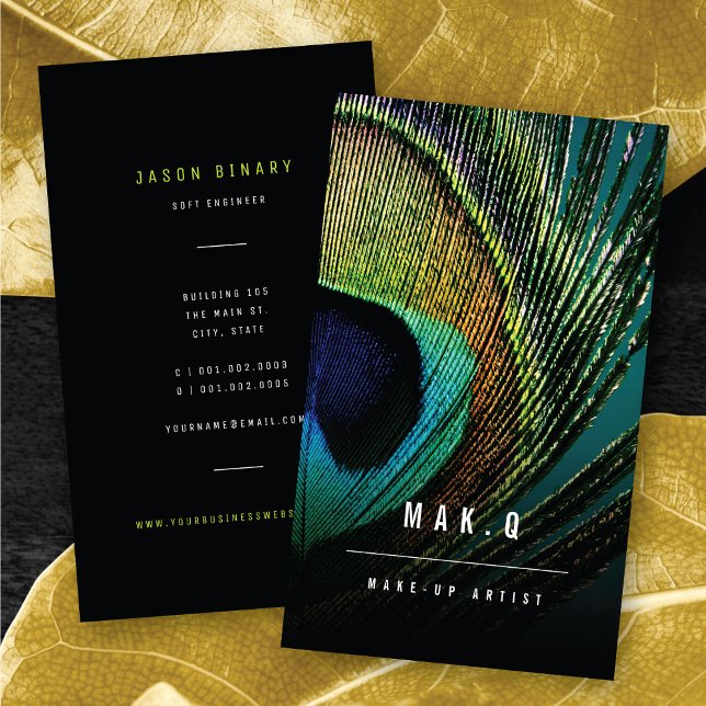 Stylish Chic Peacock Feather Photo Make-up Artist Business Card (Stylish Chic Peacock Feather Photo Elegant Make-up Artist Business Card @ zazzle.com/color_therapy)