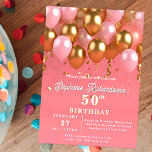 Stylish Chic Pink and Gold Balloons 50th Birthday Invitation<br><div class="desc">Celebrate a milestone in style with this elegant and customizable 50th birthday invitation! Featuring a delightful blend of pink and gold balloons floating against a soft pink background, this invitation exudes sophistication and joy. The text is fully customizable, allowing you to personalize it with your own details to make the...</div>