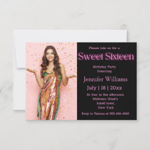 stylish chic pink black sweet 16 birthday photo  invitation
