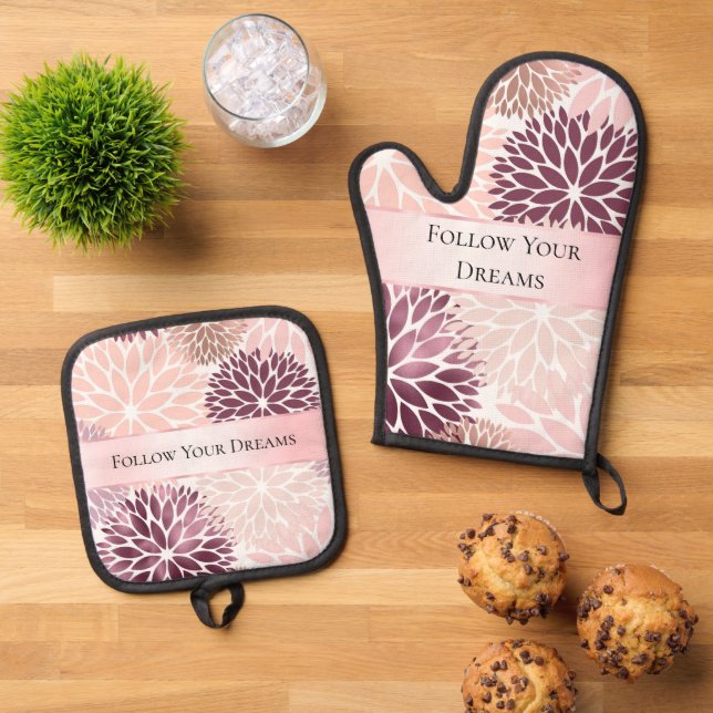 Stylish Chic Pink Floral Bridal Shower Oven Mitt & Pot Holder Set (Top Down)