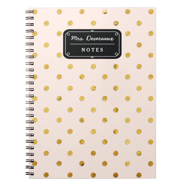 Stylish Chic Pink & Gold Polka Dots Personalized Notebook (Front)